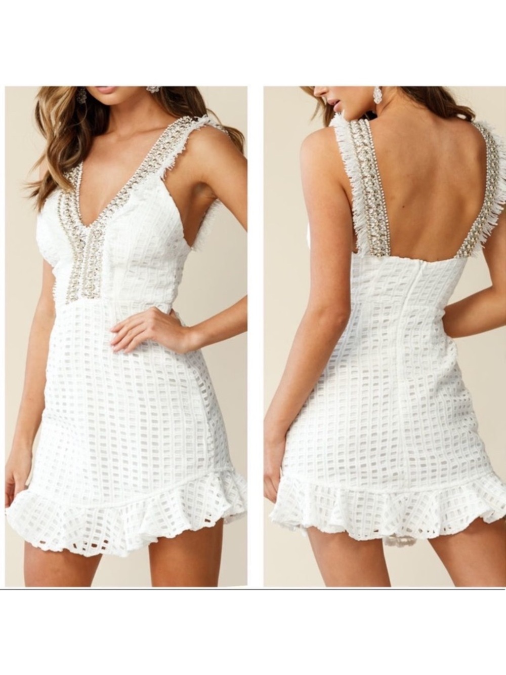 Angel Biba White Ruffle Hem Tank Dress Gold Beading Raw Frayed Hems Size M